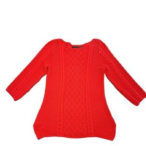 JEANNE PIERRE 100% Cotton Red Crew Neck Cable Knit 3/4 Sleeve Sweater Size Large